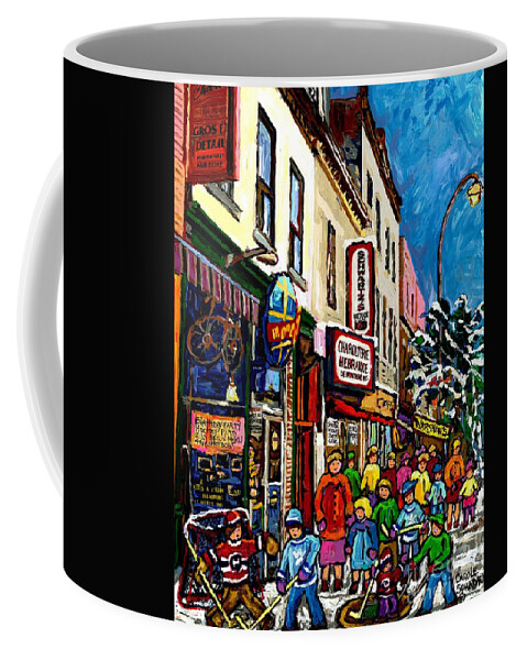 Montreal Coffee Mug featuring the painting Hockey Fun On The Main Montreal Memories Schwartz's To Warsaw's Canadian Art Winter City Scene Art by Carole Spandau