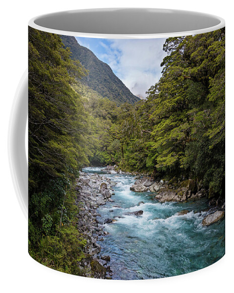 Joan Carroll Coffee Mug featuring the photograph Hollyford River New Zealand by Joan Carroll