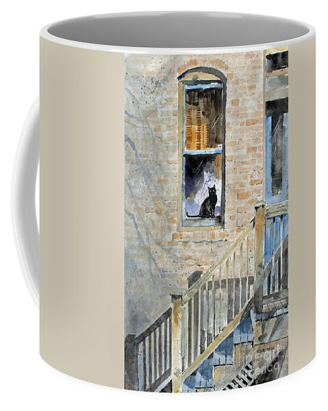 A Bombay Cat Sits In A Window Looking Out As The Evening Draws Near. The Window Is Next To The Stairs Entering Into The Apartment House. Coffee Mug featuring the painting Homecoming by Monte Toon
