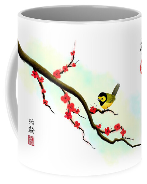Asian Art Coffee Mug featuring the digital art Hooded Warbler Prosperity Asian Art by John Wills