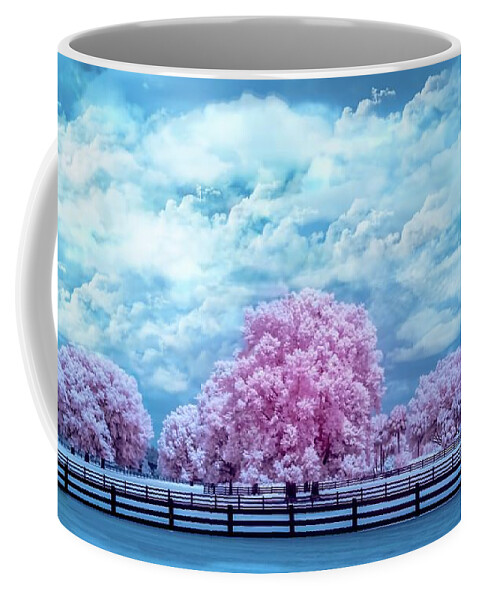 Horse Country #nature # Tree # Palm # Ir # Infrared # Infrared Photography # Palm Tree # Ir Photography # Tree Infrared # Nature Infrared # R72 Infrared # Hoya# Nature # Coffee Mug featuring the photograph Horse country in pink by Louis Ferreira