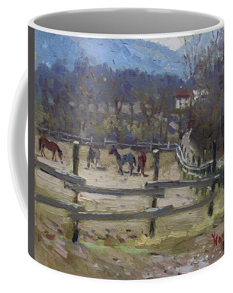 Horse Farm Coffee Mug featuring the painting Horse Farm in Limana by Ylli Haruni