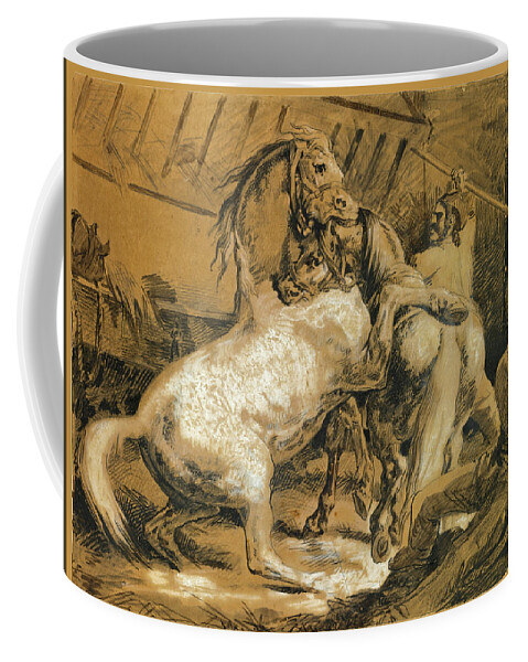 Theodore Gericault Coffee Mug featuring the drawing Horses Fighting in a Stable by Theodore Gericault