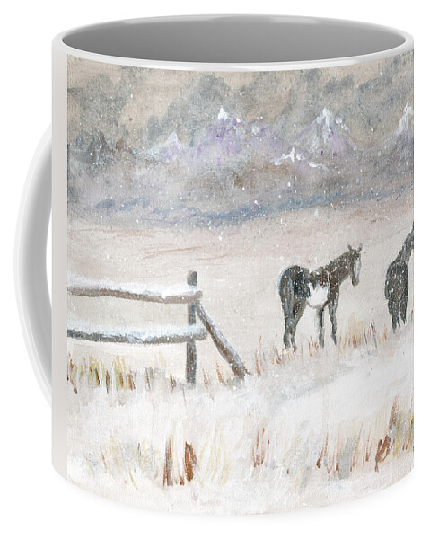 Horses Coffee Mug featuring the painting Horses in Snow by Sheila Johns