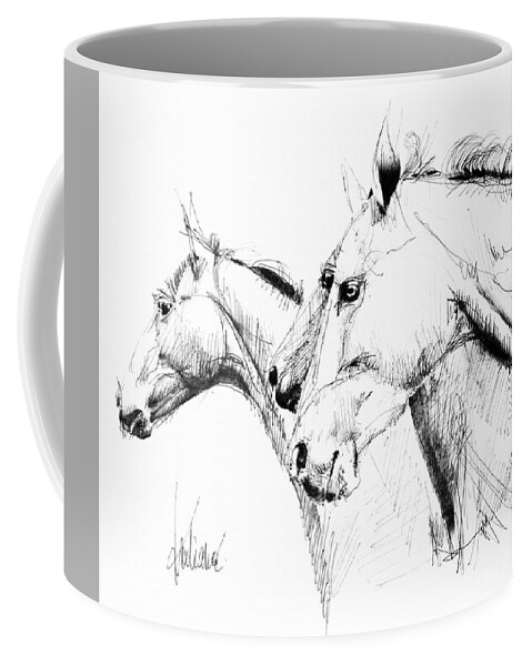 Horses Coffee Mug featuring the drawing Horses - ink drawing by Daliana Pacuraru
