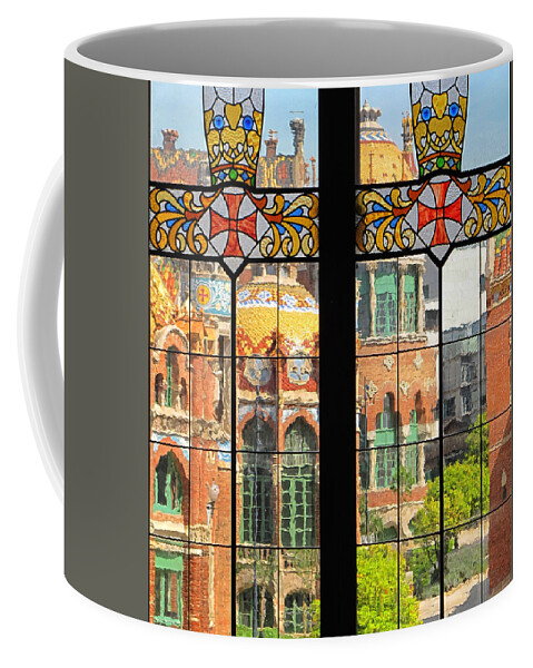 Hospital Sant Pau Coffee Mug featuring the photograph Hospital de Sant Pau Through Stained Glass by Dave Mills
