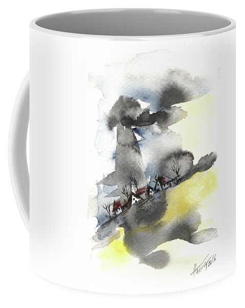 Landscape Coffee Mug featuring the painting Houses on the hill by Aniko Hencz