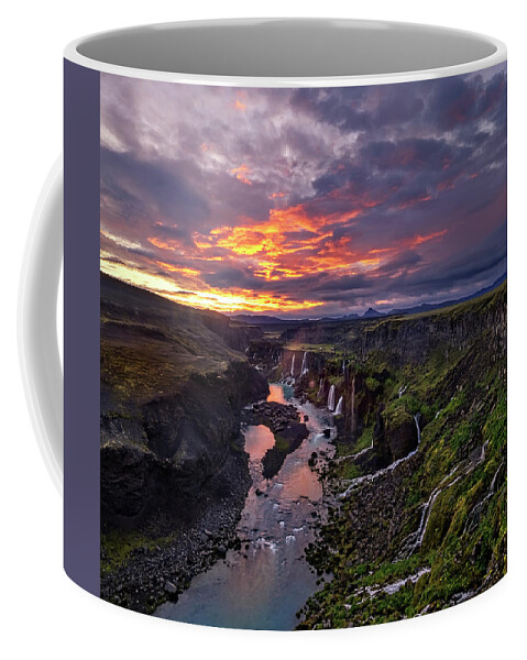 Iceland Coffee Mug featuring the photograph Sunrise explodes at Hrauneyjafoss by Usha Peddamatham