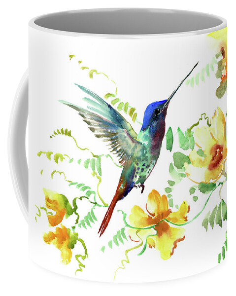 Hummingbird Coffee Mug featuring the painting Hummibgbird and Yellow Flowers by Suren Nersisyan