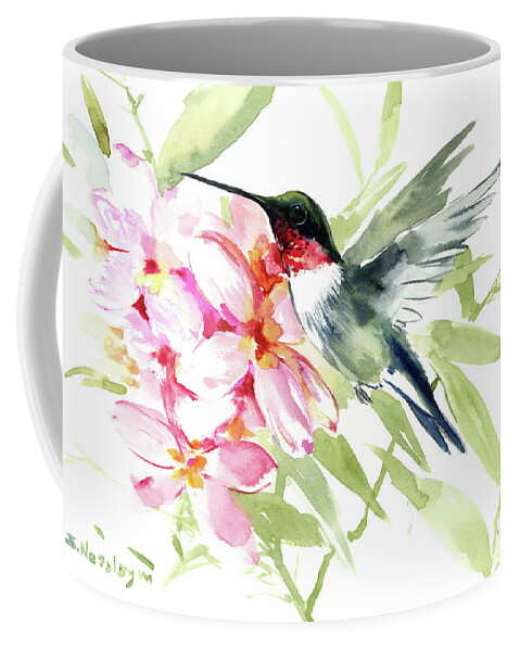 Bird Coffee Mug featuring the painting Hummingbird and Plumeria by Suren Nersisyan