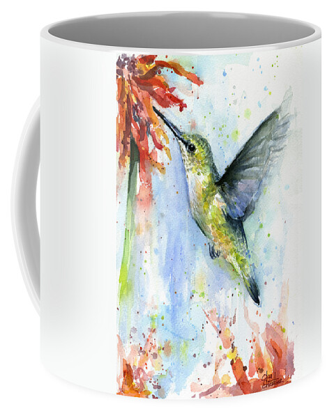 Watercolor Coffee Mug featuring the painting Hummingbird and Red Flower Watercolor by Olga Shvartsur