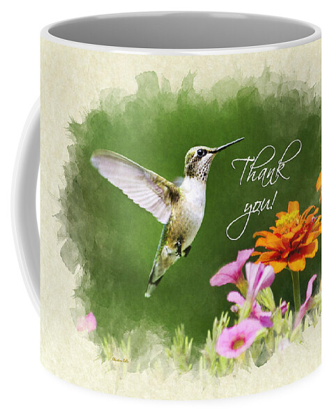 Thank You Card Coffee Mug featuring the mixed media Hummingbird Flying with Flowers Thank You Card by Christina Rollo