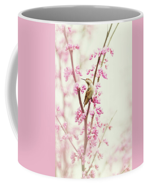 Hummingbird Coffee Mug featuring the photograph Hummingbird Perched Among Pink Blossoms by Susan Gary