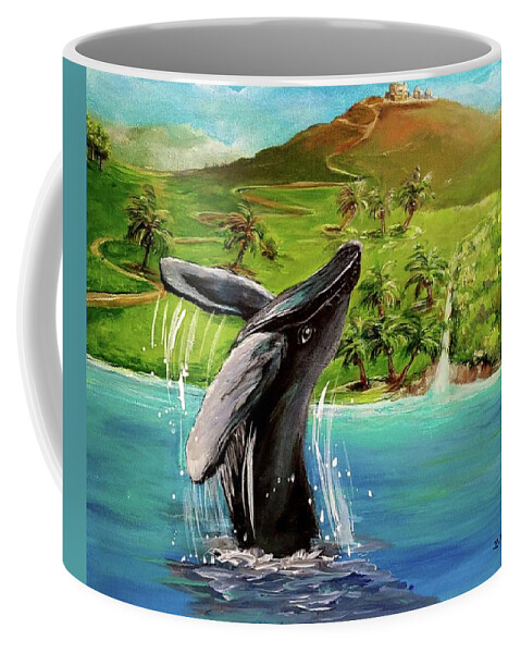 Humpback Whale Coffee Mug featuring the painting Humpback Whale Breaching at Haleakala Hawaii by Bernadette Krupa