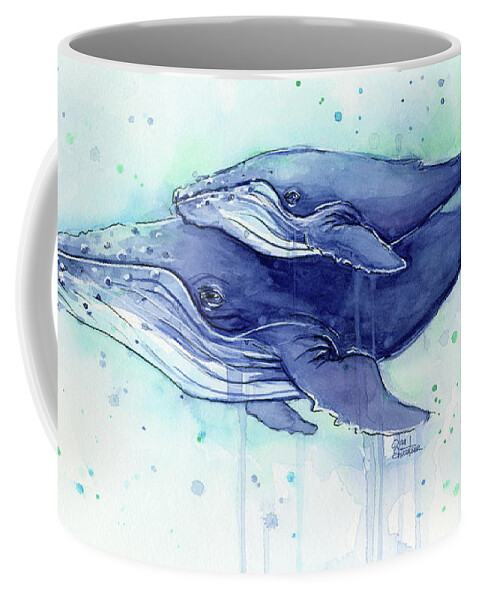 Whale Coffee Mug featuring the painting Humpback Whale Mom and Baby Watercolor by Olga Shvartsur