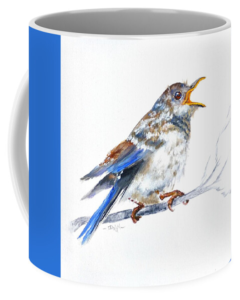 Blue Bird Coffee Mug featuring the painting Hungry Fledgling Blue Bird by Pat Dolan