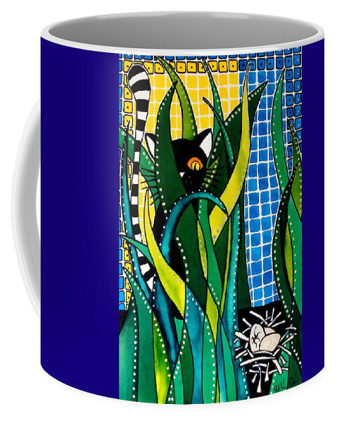 Cat Art Coffee Mug featuring the painting Hunter in Camouflage - Cat Art by Dora Hathazi Mendes by Dora Hathazi Mendes
