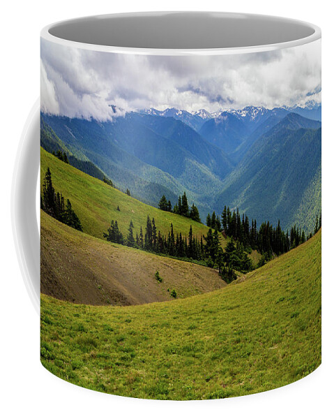 Adventure Coffee Mug featuring the photograph Hurricane Ridge Green Fields and Blue Mountains by Roslyn Wilkins
