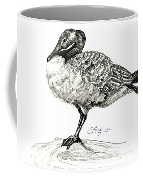 Canadian Goose Coffee Mug featuring the drawing I stand on the brink by Carol Allen Anfinsen