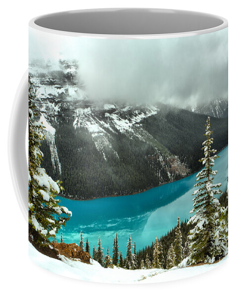 Peyto Lake Fog Coffee Mug featuring the photograph Icy Blue Reflections Through The Trees by Adam Jewell