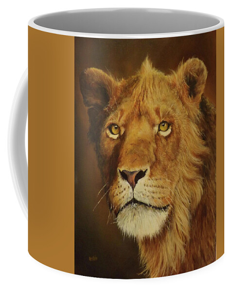Lion Coffee Mug featuring the painting If Looks Could Kill by Barry BLAKE