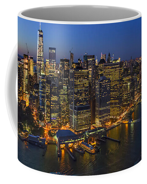 Aerial View Coffee Mug featuring the photograph Illuminated Lower Manhattan NYC by Susan Candelario
