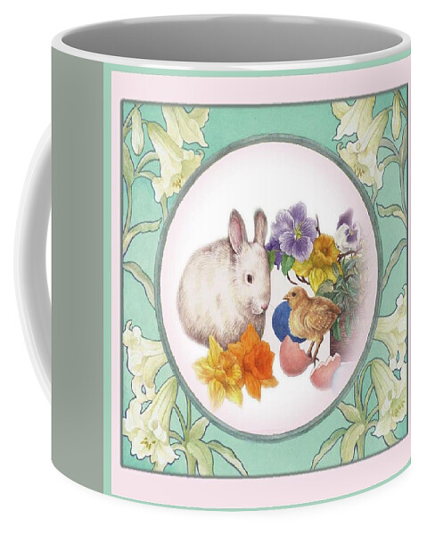 Easter Bunny Coffee Mug featuring the painting Illustrated Bunny with Easter Floral by Judith Cheng