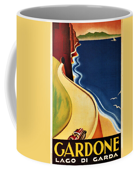 Gardone Coffee Mug featuring the painting Illustration of a winding road in Gardone by the shore of Lake Garda - Vintage Travel Poster by Studio Grafiikka