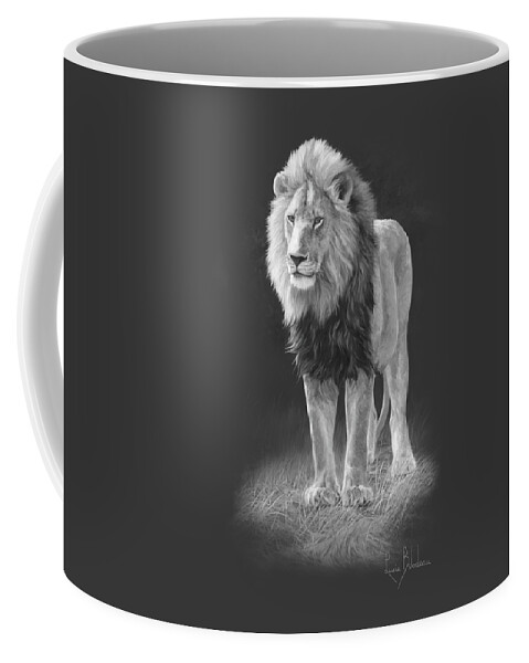 Lion Coffee Mug featuring the painting In His Prime - Black and White by Lucie Bilodeau