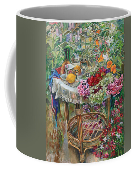 Maya Gusarina Coffee Mug featuring the painting In the Garden by Maya Gusarina