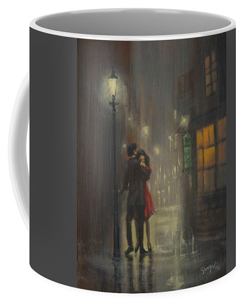 In The Still Of The Night; The Five Satins; Couple Slow Dancing; City Lights; Night City; Tom Shropshire Painting; Rainy Night Coffee Mug featuring the painting In The Still Of The Night by Tom Shropshire