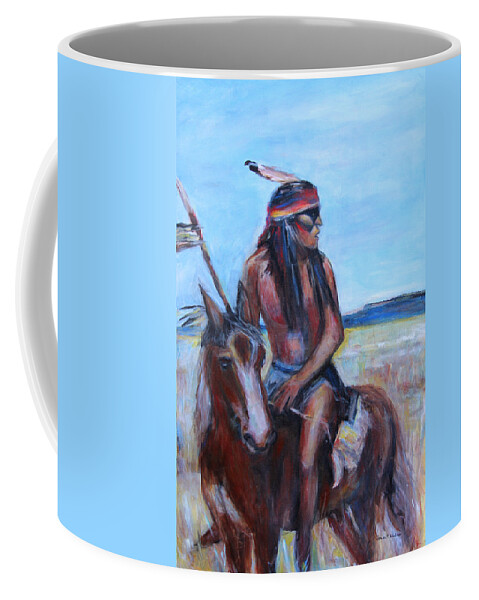 Young Indian Brave Coffee Mug featuring the painting Indian on horseback by Denice Palanuk Wilson