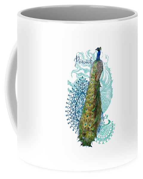 Peacock Coffee Mug featuring the mixed media Indian Peacock Henna Design Paisley Swirls by Audrey Jeanne Roberts