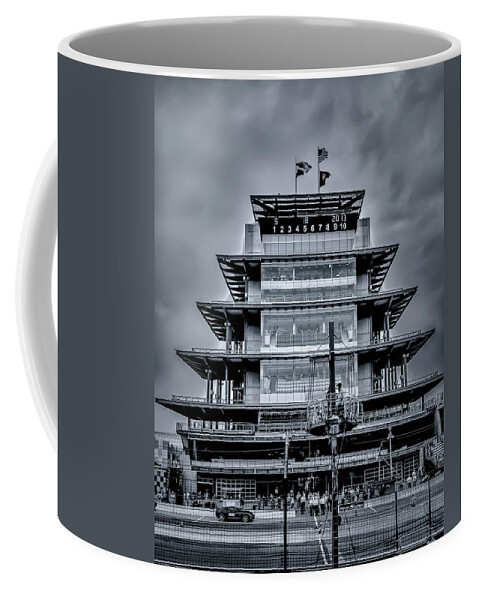 2013 Coffee Mug featuring the photograph Indy 500 Pagoda - Black and White by Ron Pate