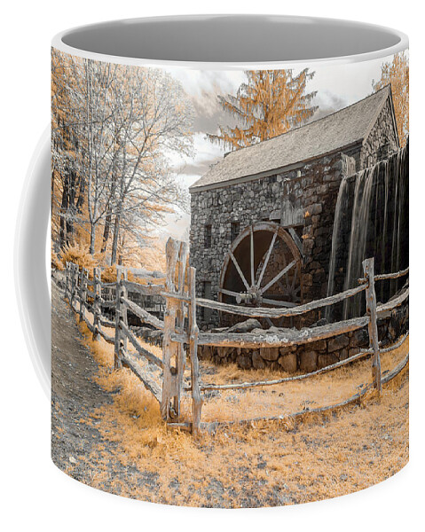 Sudbury Grist Mill Water Fall Falls Waterfall Waterwheel Wheel Fence Old Wooden Wood Trees Outside Outdoors Nature Architecture Stone Wall Stonewall Ir Infra Red Infrared 720 720nm Nanometer Brian Hale Brianhalephoto New England Newengland Usa U.s.a. Ma Mass Massachusetts Historic Iconic Sky Coffee Mug featuring the photograph Infrared Grist Mill by Brian Hale