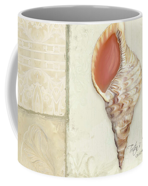Tritons Trumpet Coffee Mug featuring the painting Inspired Coast Collage - Triton's Trumpet Shell w Vintage Tile by Audrey Jeanne Roberts