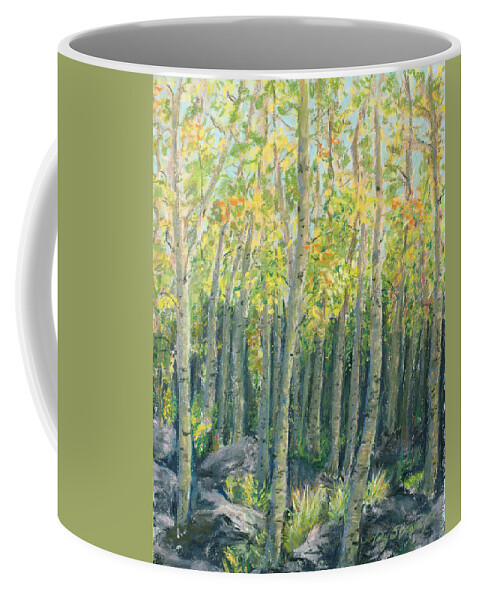 Aspens Coffee Mug featuring the painting Into the Aspens by Mary Benke