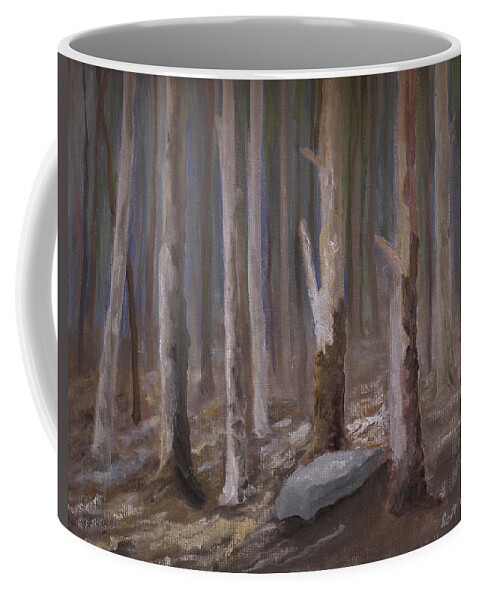 Woods Trees Landscape Rocks Sunlight Mist Coffee Mug featuring the painting Into The Woods by Scott W White