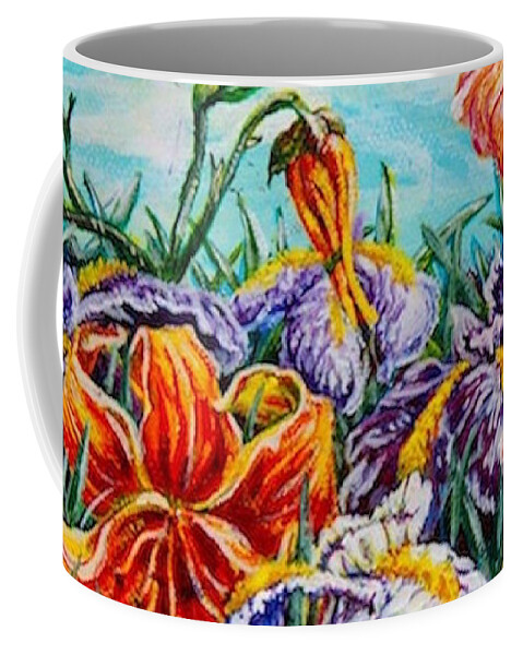 Japanese Iris Coffee Mug featuring the painting Iris with Daylily by Gail Allen