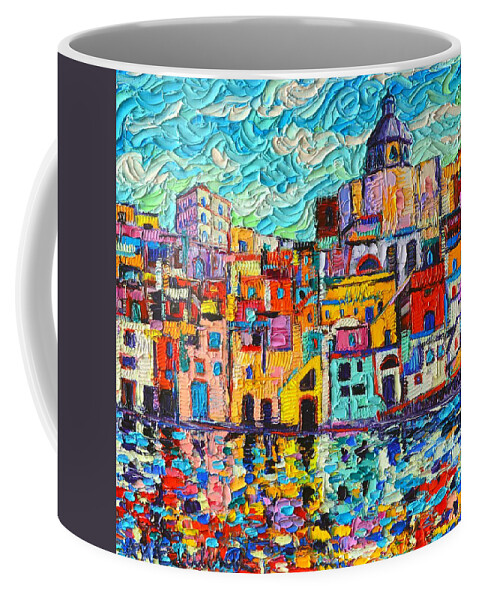 Procida Coffee Mug featuring the painting Italy Procida Island Marina Corricella Naples Bay Palette Knife Oil Painting By Ana Maria Edulescu by Ana Maria Edulescu