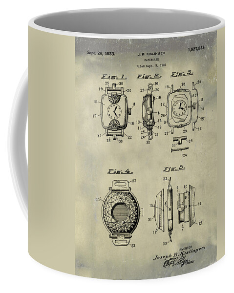J B Coffee Mug featuring the digital art J B Kislinger Watch Patent 1933 Weathered by Bill Cannon