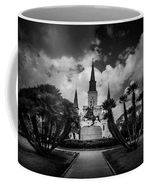 Andrew Jackson Coffee Mug featuring the photograph Jackson Square Sunrise In Black and White by Greg and Chrystal Mimbs