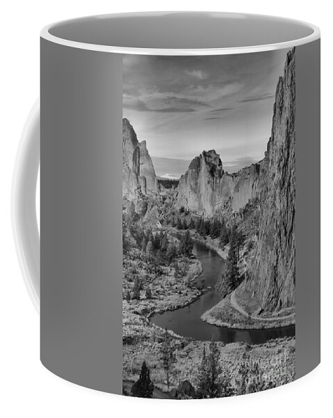 Black And White Smith Rock Coffee Mug featuring the photograph Jagged Peaks And The Crooked River by Adam Jewell