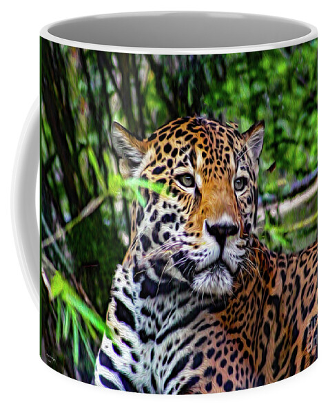 Jaguars Coffee Mug featuring the mixed media Jaguar at Peace by DB Hayes