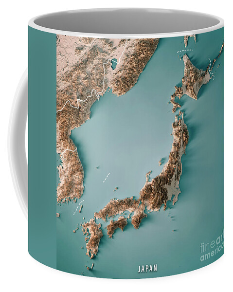 Japan Coffee Mug featuring the digital art Japan 3D Render Topographic Map Neutral Border by Frank Ramspott