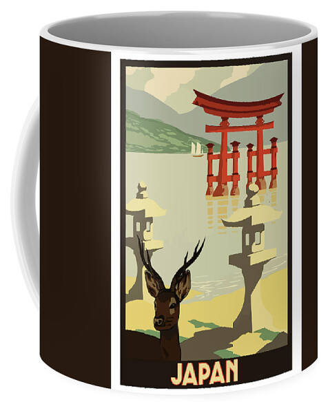Japan Coffee Mug featuring the painting Japan, landscape, deer, vintage travel poster by Long Shot