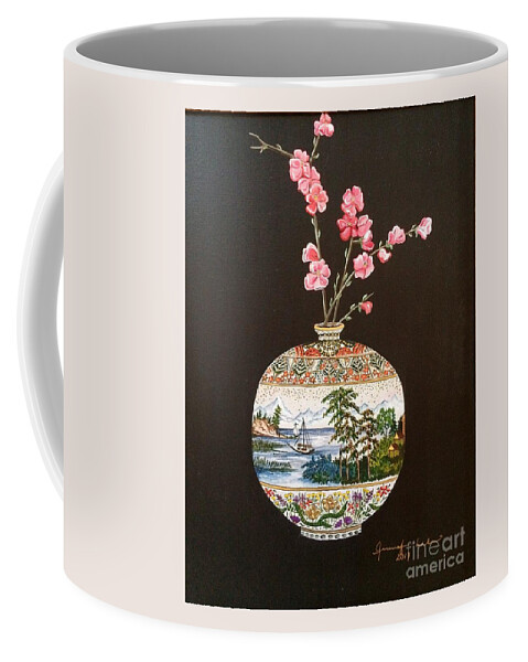 Japanese|vase|satsuma Vase| Detail|oriental|lake Biwa| Coffee Mug featuring the painting Japanese Satsuma Vase by Jennifer Lake