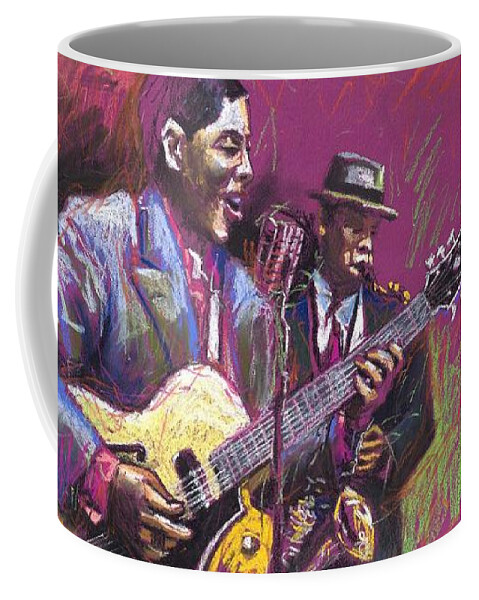 Jazz Coffee Mug featuring the painting Jazz Guitarist Duet by Yuriy Shevchuk