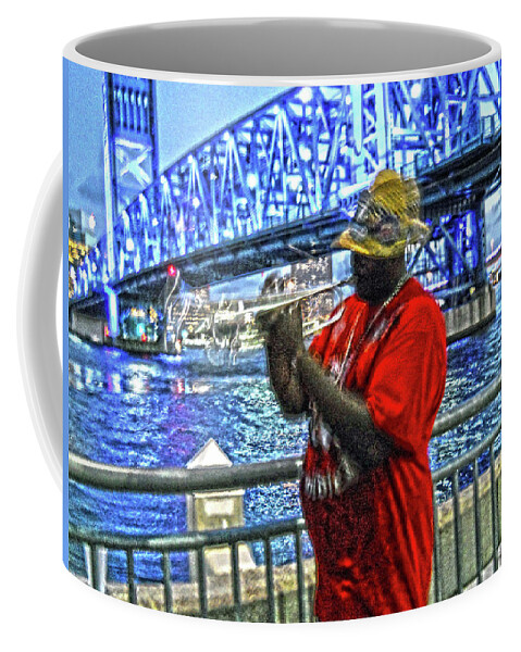 Jazz Coffee Mug featuring the photograph Jazz Man by the Bridge by Joe Roache