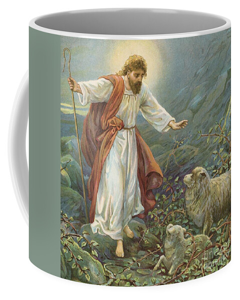 Bible Stories; Biblical; Jesus Christ; The Tender Shepherd; Sheep; Rescue Coffee Mug featuring the painting Jesus Christ The Tender Shepherd by Ambrose Dudley